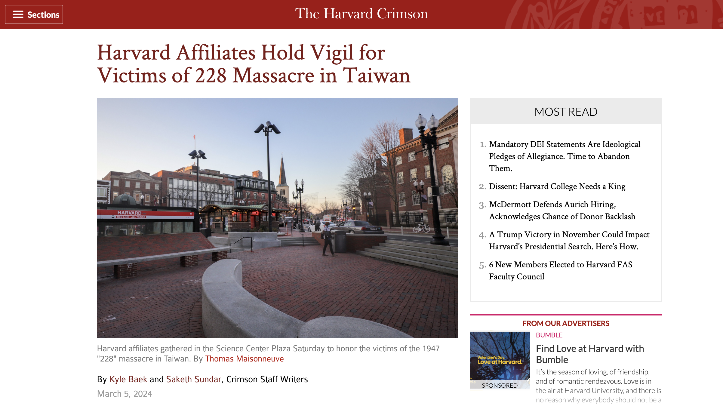 Harvard Crimson Report on 228 Vigil and Panel